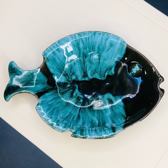 Vintage 60s Art Pottery Fish Trinket Dish Red Clay Aqua Green Drip Glaze - Picture 1 of 11
